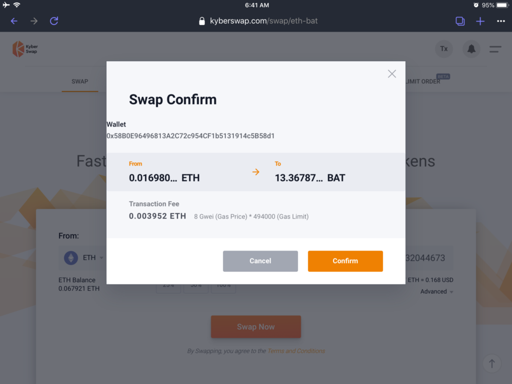 The transaction details from Kyber Swap
